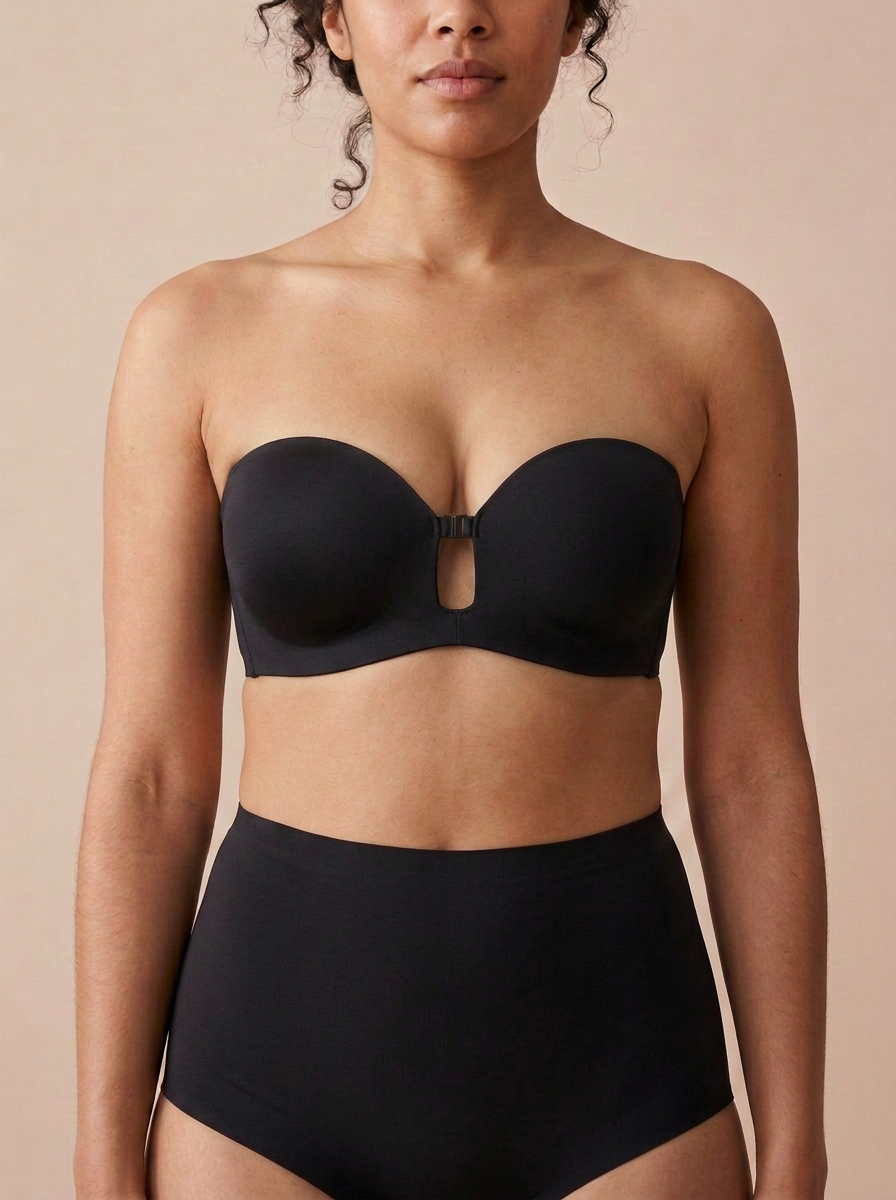Strapless front closure push-up bra in black on model – Nuvella Glow
