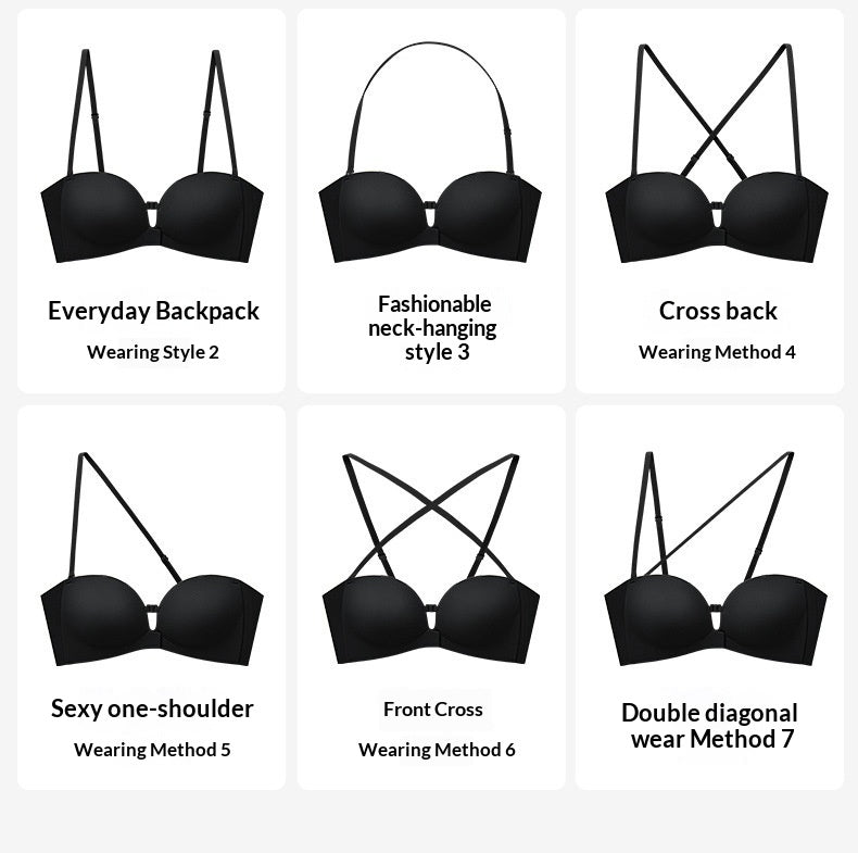 Strapless push-up bra in black shown with removable straps in six ways to wear – Nuvella Glow